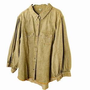 Ivy & Jane Pearl Snap Puff 3/4 Sleeve Western Front Pockets Army Green Size XL